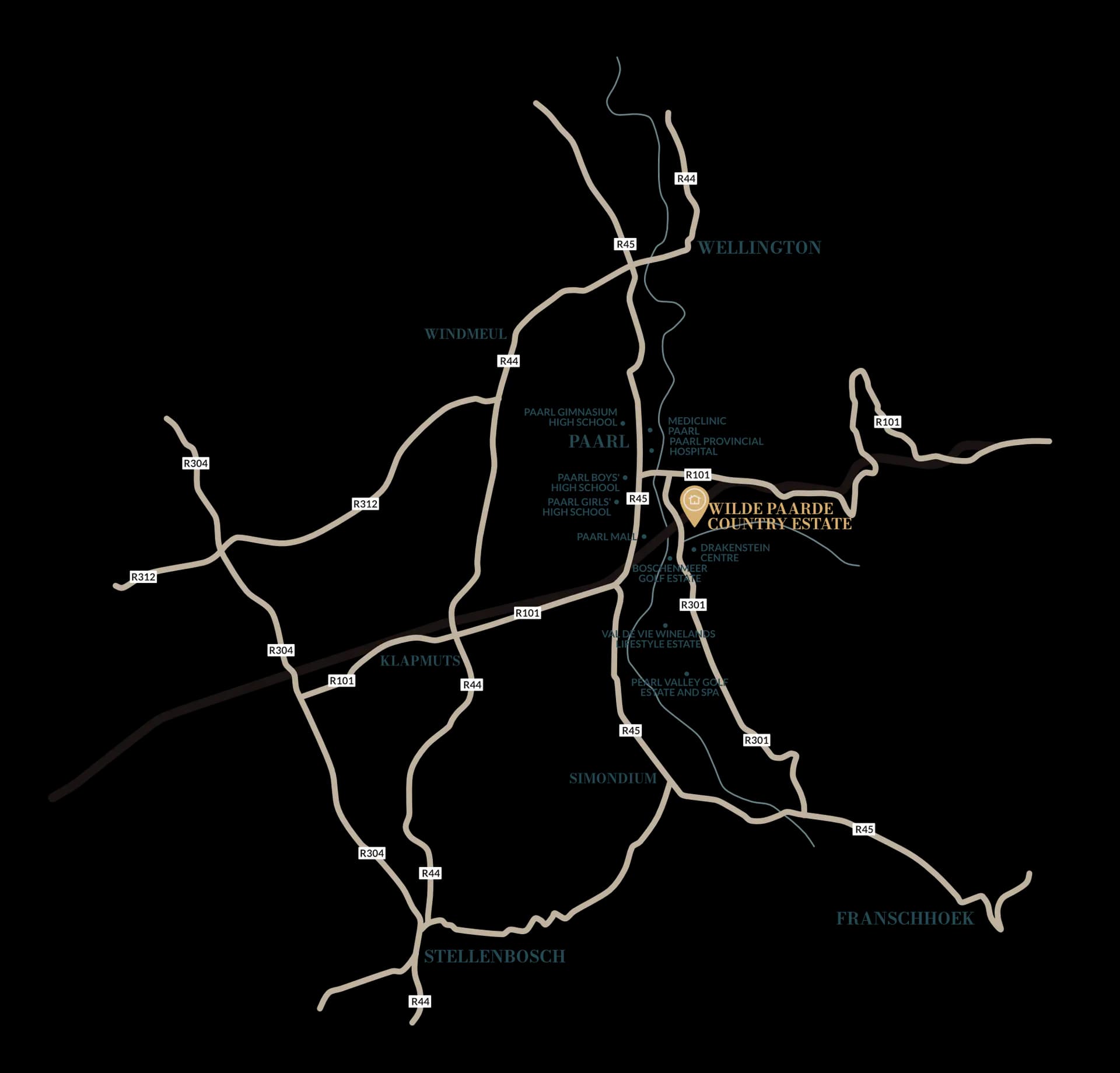 Map of the area around Wilde Paarde Country Estate showing nearby schools, shops, and towns